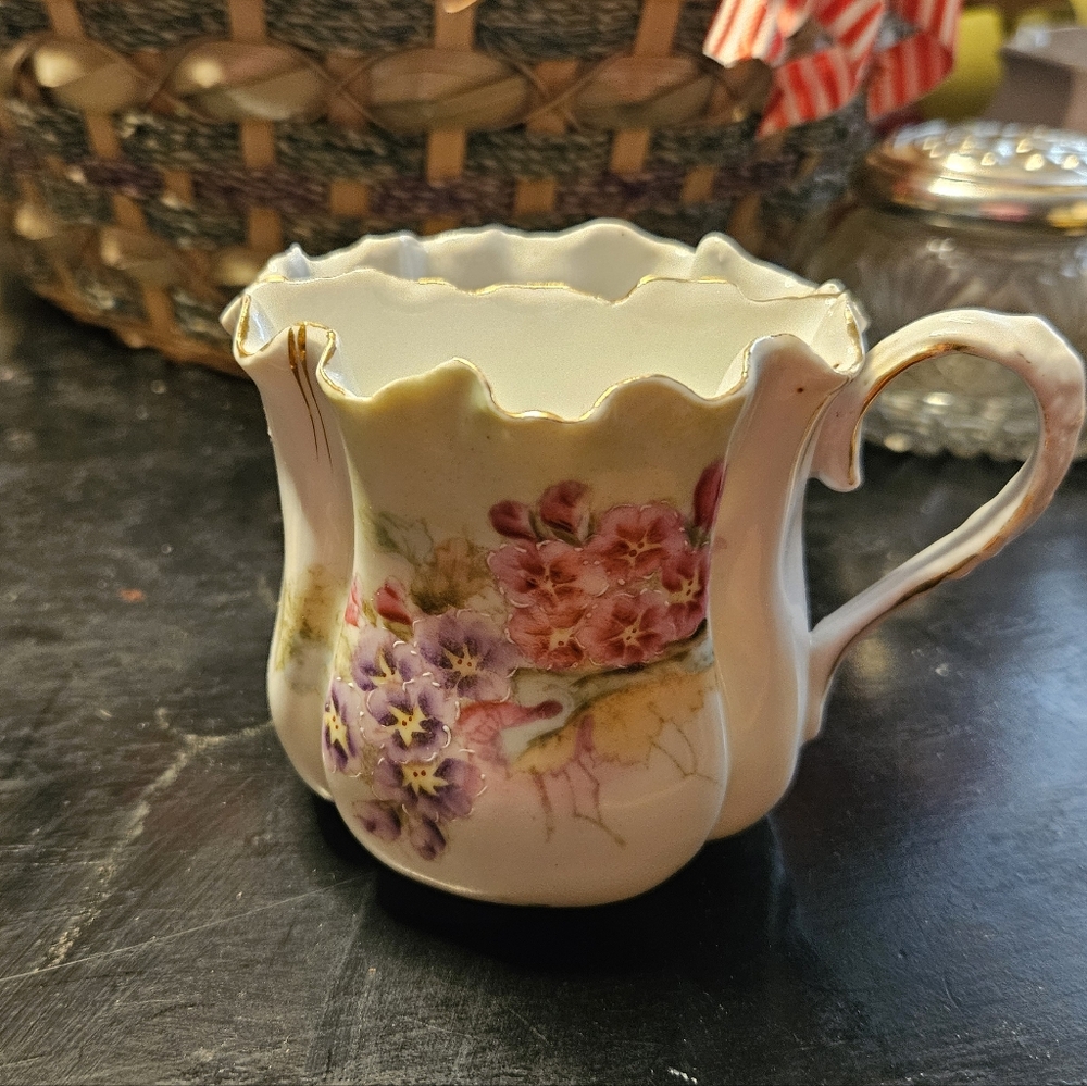 Vintage/Antique Floral Porcelain Tea Cup/Mustache Cup with Gold Accents